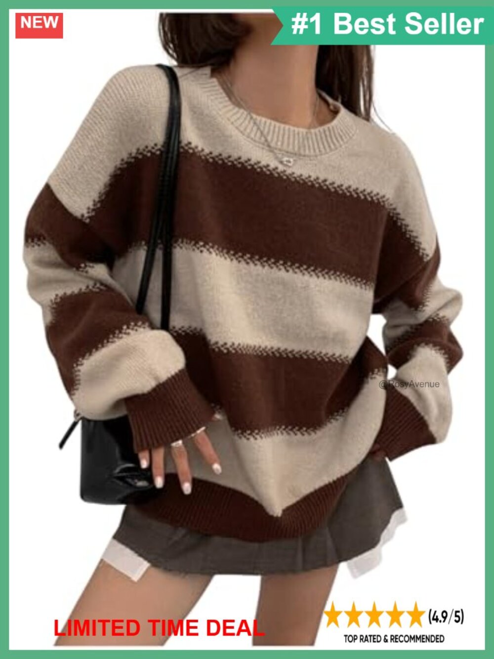 Striped Viscose Sweater Pullover Long Sleeve Drop Shoulder Crew Neck Casual